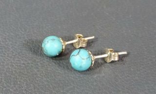 Antique Art Deco Sterling Silver&Natural Turquoise Gemstone Round Beads Earrings 3