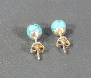 Antique Art Deco Sterling Silver&Natural Turquoise Gemstone Round Beads Earrings 4