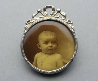 French,  Antique Sterling Photo Brooch.  Baby.  Art Nouveau.  Silver.  Child,  Cherub.