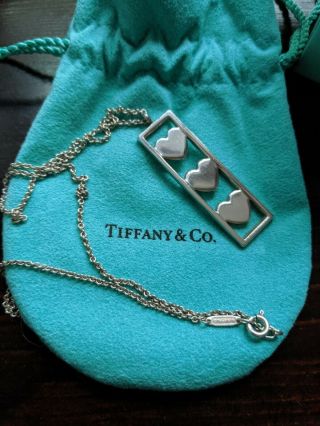 Rare Vintage Tiffany & Co Silver Triple Heart Bar Pendant On Chain