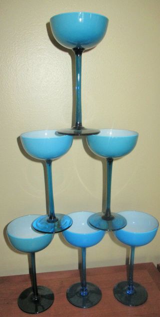 6 - Vintage Carlo Moretti Murano Blue Cased Art Glass Long Stem Champagne/ Cordial
