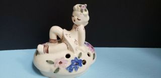 Delee Pottery Little Girl Sitting On A Flower Frog Vintage California Eyelashes