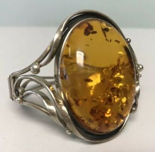 Vintage Hallmarked 925 Silver Large Amber Pretty Patterned Bangle Cuff 26g