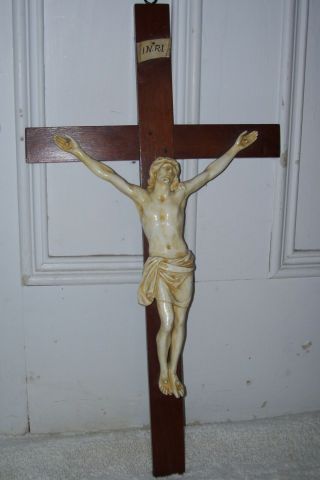 Vintage Large Oak Cross Painted Ceramic Crucifix Christ Jesus 26 " X 13 " 1940 - 50s