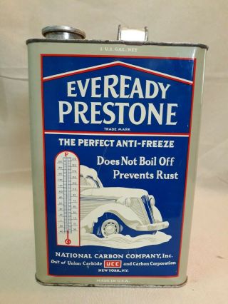 Vintage Eveready Prestone Anti - Freeze 1ga.  Tin Can - Circa 1930 