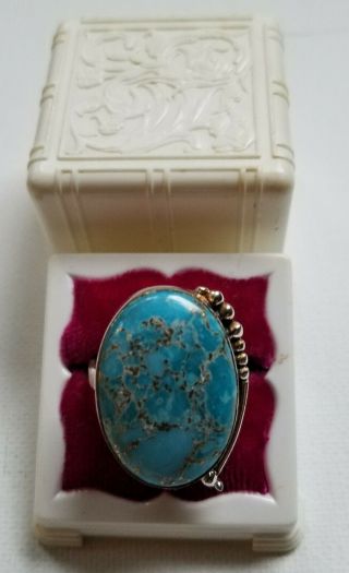 Stunning Large 1.  25 Inch Oval Sea Blue Turquoise & Sterling Silver Ring Size 10