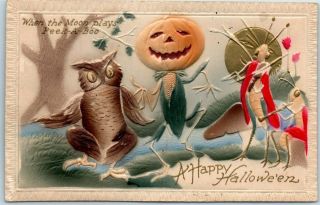 Vintage Halloween Embossed Postcard " When The Moon Plays Peek - A - Boo " Jol 1910s