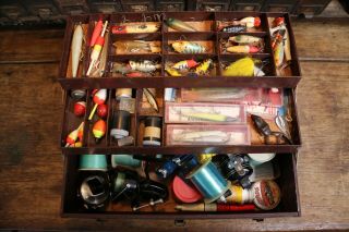 Vintage Kennedy Tool Box Machinist Chest Tackle Box With Old Fishing Lures Reels