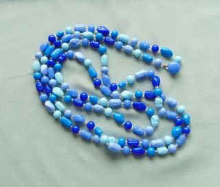 Vintage Czech Art Glass Blue Bead Long Flapper Necklace - Length 52 "