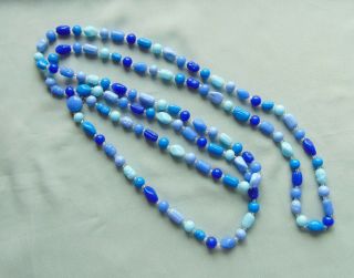 Vintage Czech Art Glass Blue Bead Long Flapper Necklace - Length 52 