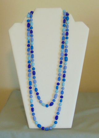 Vintage Czech Art Glass Blue Bead Long Flapper Necklace - Length 52 