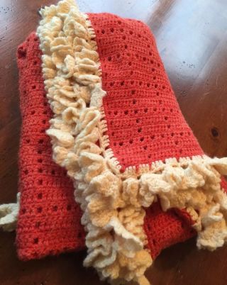 Afghan Hand Crocheted Throw Blanket 48 X 80 " Ruffle Edge Vintage