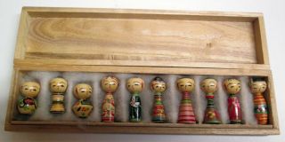 Vintage Kokeshi Dolls Set Of 10 Miniature Graduated Sizes Japanese In Wood Box