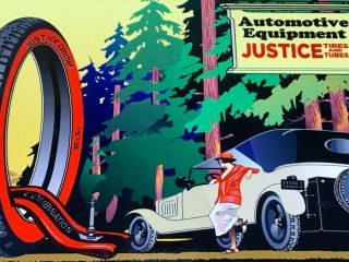 Vintage Sears Roebuck & Co.  Justice Tires & Tubes 12 " Metal Gasoline & Oil Sign