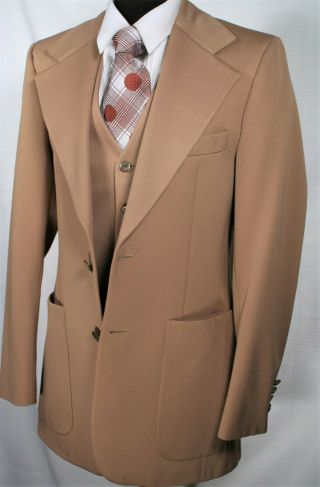 Vtg 60s 70s Men ' s 3 pc Suit 36 L French Styled Andre Martin Gold GABERDINE 30x33 2