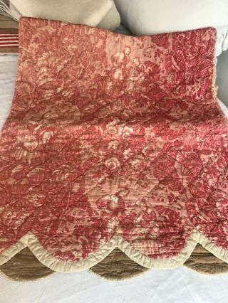 Antique French Toile De Jouy Cushion Case/ Red Fabric Vintage Quilt Panel - 1800s