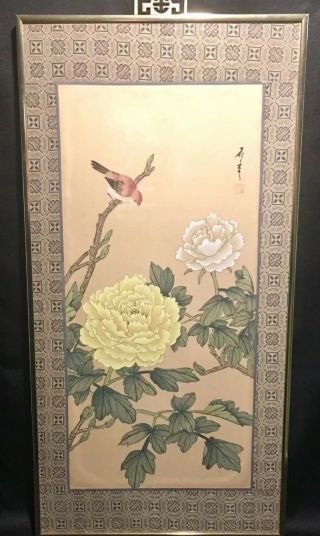 Vintage Chinese Silk Watercolor Painting Bird & Flowers Art Custom Framed Glass
