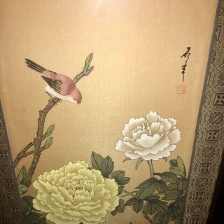 Vintage Chinese Silk Watercolor Painting Bird & Flowers Art Custom Framed Glass 4