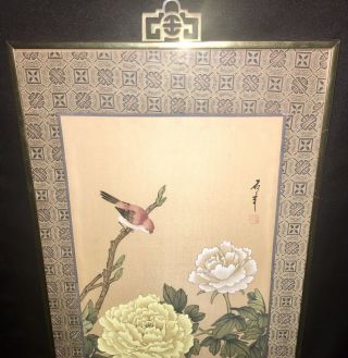 Vintage Chinese Silk Watercolor Painting Bird & Flowers Art Custom Framed Glass 6