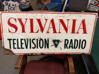 1950s Vintage Sylvania Television & Radio Embossed Tin Sign - 17 1/2x37 -