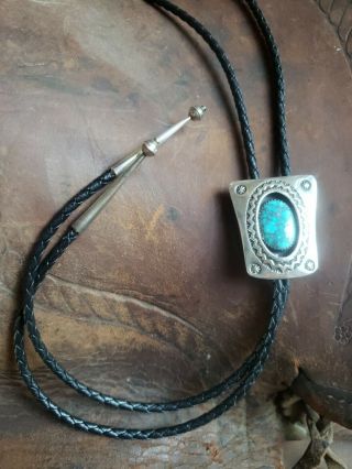 Old Pawn Vintage Navajo Turquoise & Sterling Silver Signed Bolo