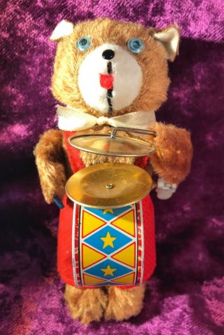 Vintage Key Wind Up Drum Teddy Bear Collectable Tin Toy Box Japan 1950