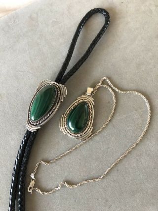 Vtg Malachite Sw Bolo Tie In Sterling Silver W/ Matching Necklace That Is Signed