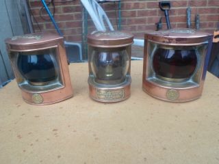 Vintage Small Set Of 3 Copper Boat Navigation Lights,  By Simpson Lawrence Glasgow