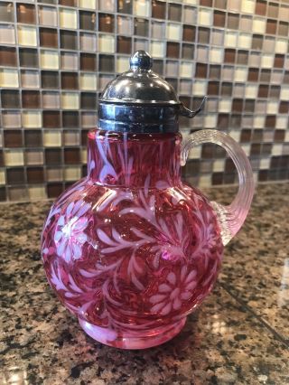 Vintage Fenton/northwood? Cranberry Opalescent Daisy And Fern Syrup Jug Pitcher