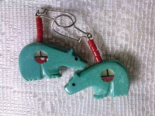 Vintage Sterling Silver Turquoise Inlay Bear Earrings Native