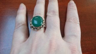Vintage Art Deco Sterling Silver & Green Onyx Ring Handmade Big Heavy 5