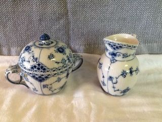 Vintage Royal Copenhagen Blue Fluted Half Lace Cream Creamer & Sugar Bowl W/ Lid