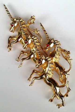 Very Rare Vintage Designer Signed Denicola Brooch / Large Pin - Herd Of Unicorns