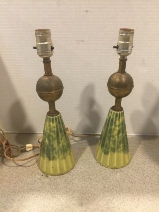 Vintage Table Lamps Pair With Metal (set Of 2) Green 15 " Tall