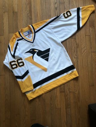 Vtg Sewn Pittsburgh Penguins Mario Lemieux White Men’s Nhl Hockey Jersey Large
