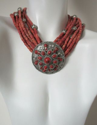 Vintage Jay Feinberg Runway Coral Color Multi - Strand Beaded Medallion Necklace