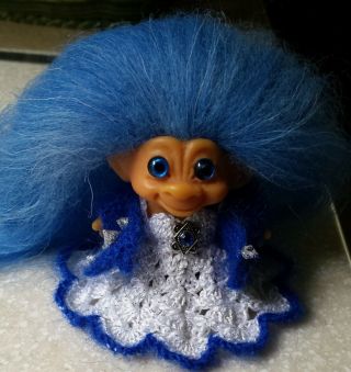 Vintage Troll Doll 2.  5 " C64 Dam Thick Blue Hair,  Blue Eyes,  2 Gorgeous Outfits