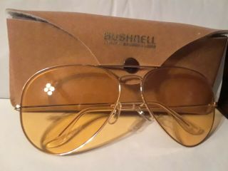 Vintage Bushnell Yellow Aviator Shooting Glasses W/leather Case Belt Strap Minty