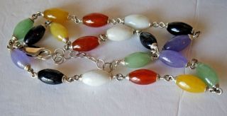 Vintage Chinese Multi Color Stone Jade Bead Necklace Sterling Silver 925 Nf