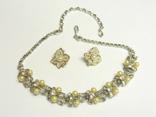 Vintage Signed 1940 - 1950 Pennino Rhinestone Necklace & Married Earrings