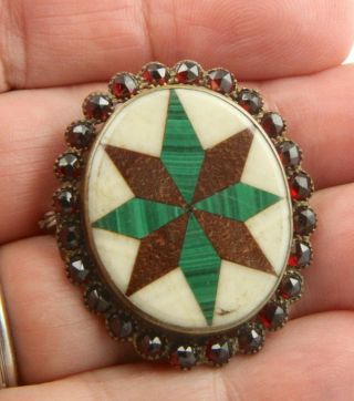 Antique Victorian Circa 1890 Gilt Metal Pietra Dura Panel Brooch Pin