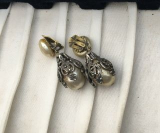 Victorian Edwardian Silver Filigree & Marcasite Baroque Pearl Clip On Earrings