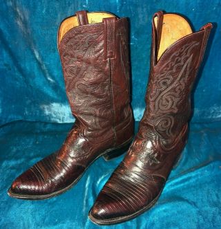 Vintage Lucchese 1883 N1007j4 Lizzard Goat Skin Cowboy Boots Size 14d Brown