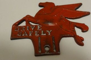 Rare Vintage Mobil Gas Pegasus License Plate Topper " Drive Safely "