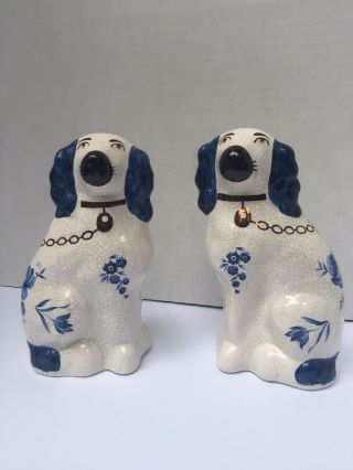 2 Vintage Staffordshire England White & Blue Floral Spaniel Dogs Gold Pair