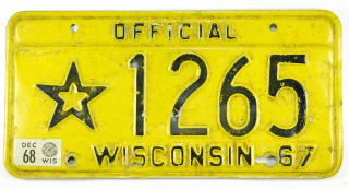 Vintage 1967 Wisconsin Official Police Automobile License Plate No.  1265