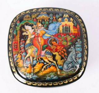 Russian Hand Painted Black Lacquer Signed Vtg Fairytale Jewelry Trinket Box