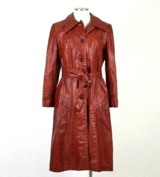 Vintage 1970s Red Clay Leather Trench Coat Duster Jacket Retro Womens Petite Xs