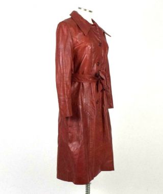Vintage 1970s Red Clay Leather Trench Coat Duster Jacket Retro Womens Petite XS 2
