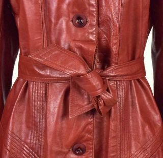 Vintage 1970s Red Clay Leather Trench Coat Duster Jacket Retro Womens Petite XS 8